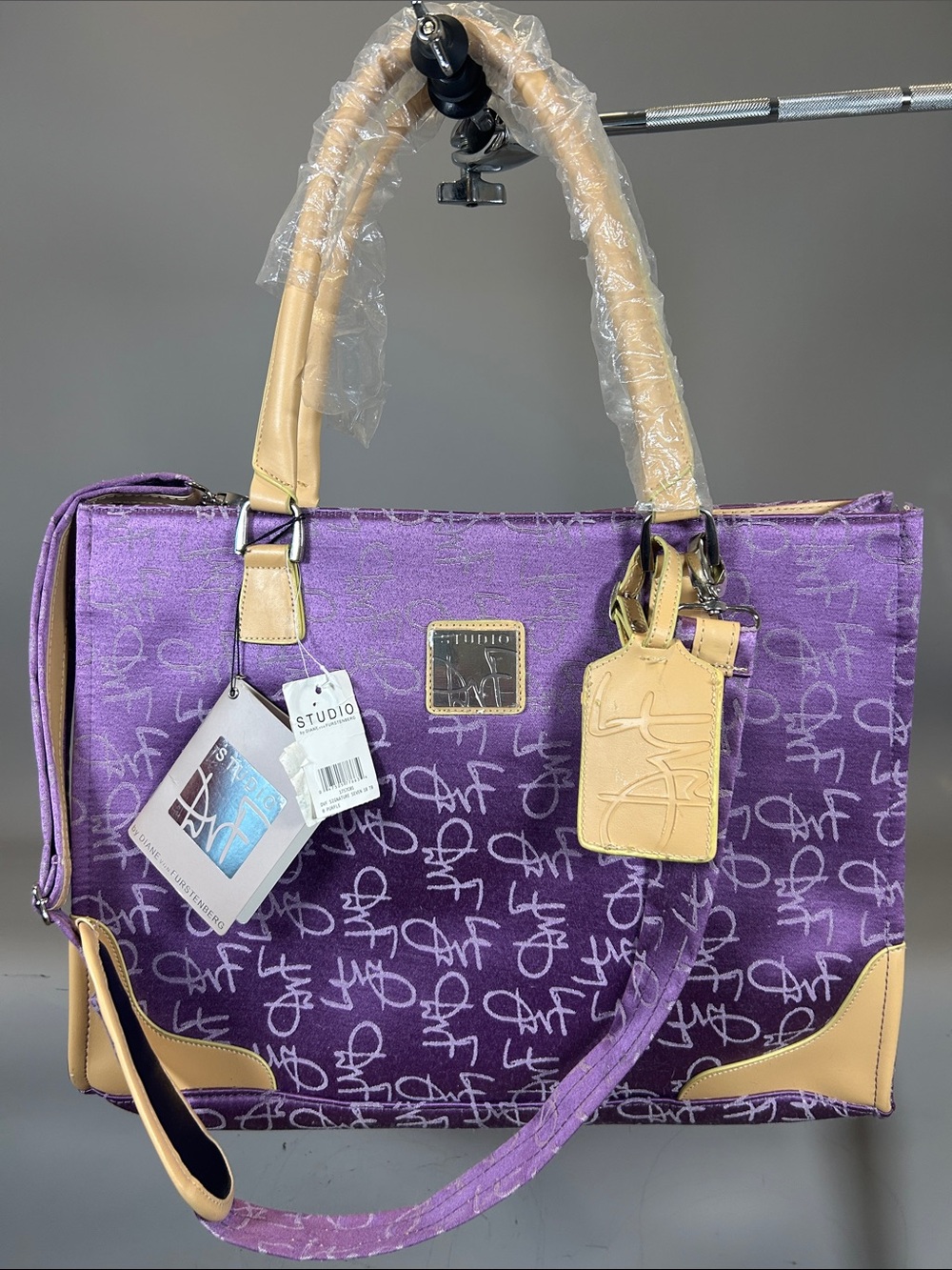 (10+) Studio Diane Von Furstenberg Canvas Tote Purse Leather Purple Satin NWT
